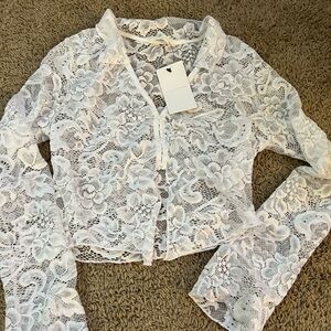 Women's Kali Fashions White Lace Long Sleeve Cropped Cardigan Size Large NWT